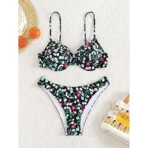 Floral Underwire Bikini Set Black Pink Blue High Cut Swimsuit Size L